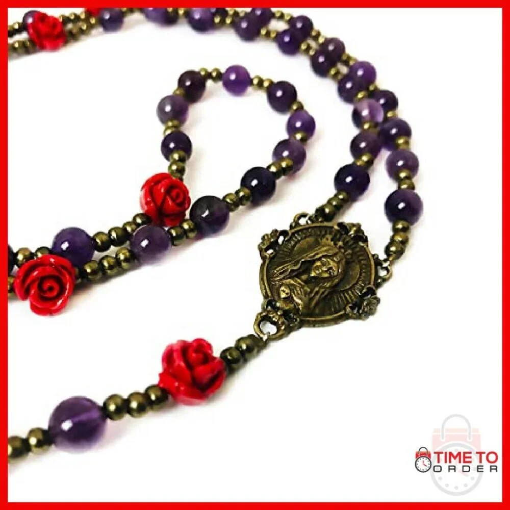 Amethyst Stone Rosary Bracelet Set with Immaculate Heart of Mary Centerpiece